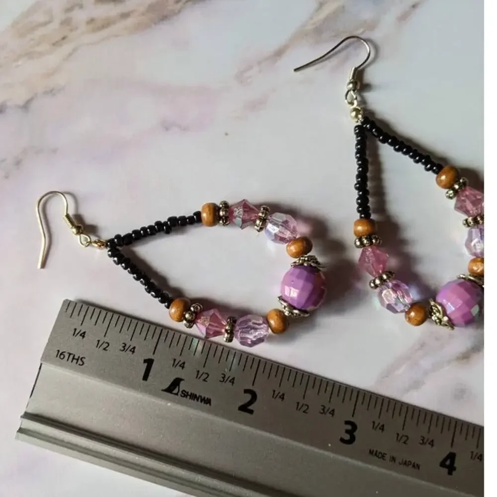 Purple and black beaded fish hook earrings